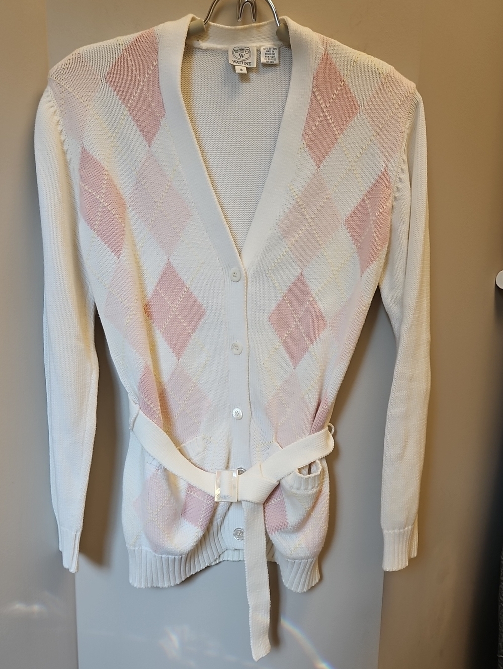 WATHNE Vintage-Inspired Cream & Pink Argyle Belted Cardigan Sweater